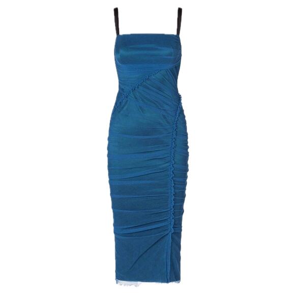 NWT Dolce & Gabbana Blue Tulle Ruched Mesh Bodycon Midi Dress 44 L - Picture 4 of 11